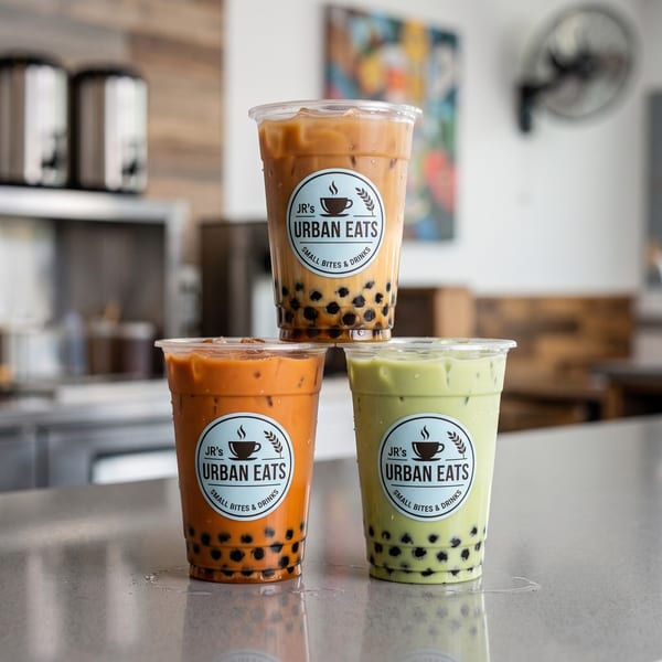 Three JR's Urban Eats bubble teas, one stacked on two others, on a counter.
