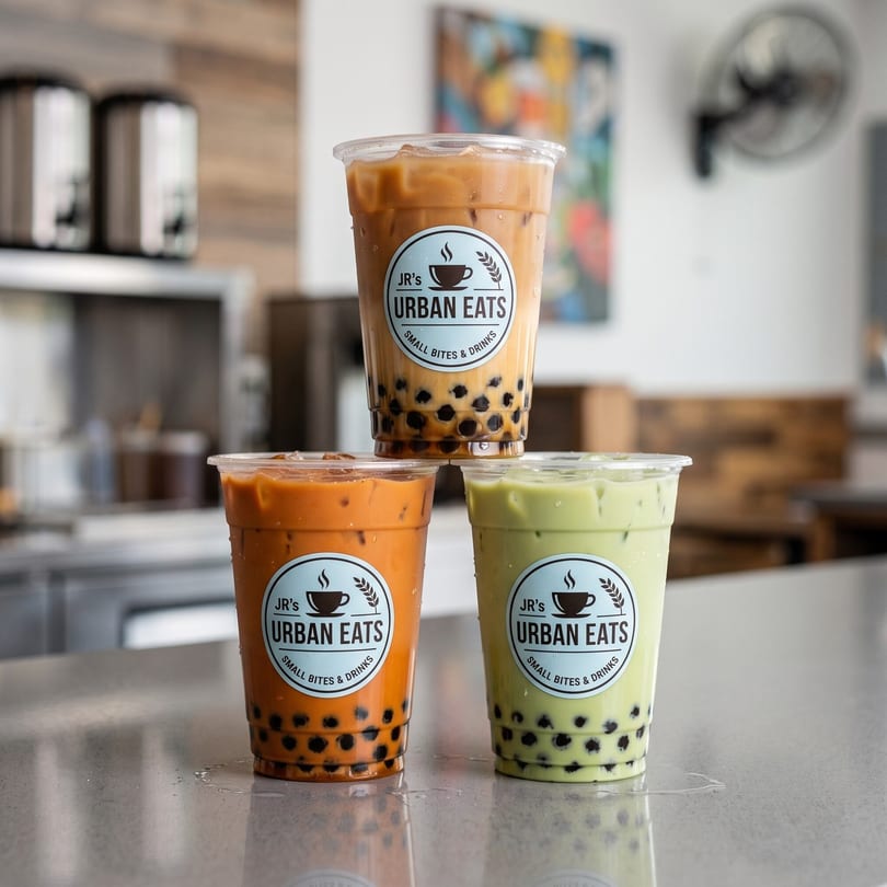 Three JR's Urban Eats bubble teas, one stacked on two others, on a counter.