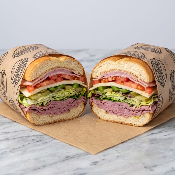 A large deli sandwich, cut in half, revealing layers of meat, cheese, lettuce, and tomatoes.