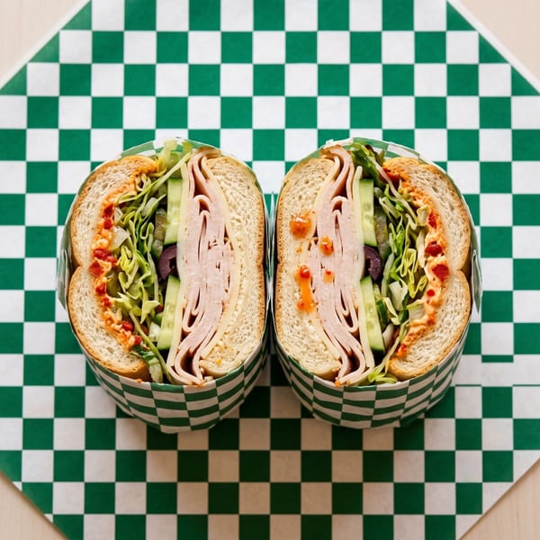 A turkey and cheese sub sandwich, cut in half, on green and white checkered paper.