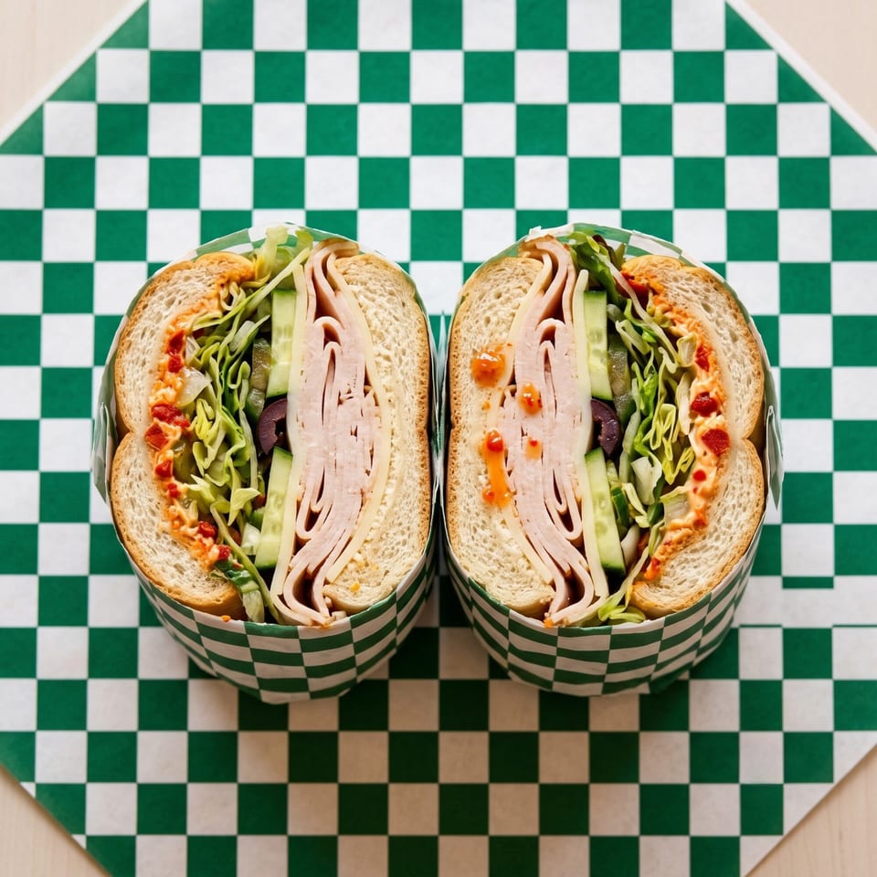 A turkey and cheese sub sandwich, cut in half, on green and white checkered paper.