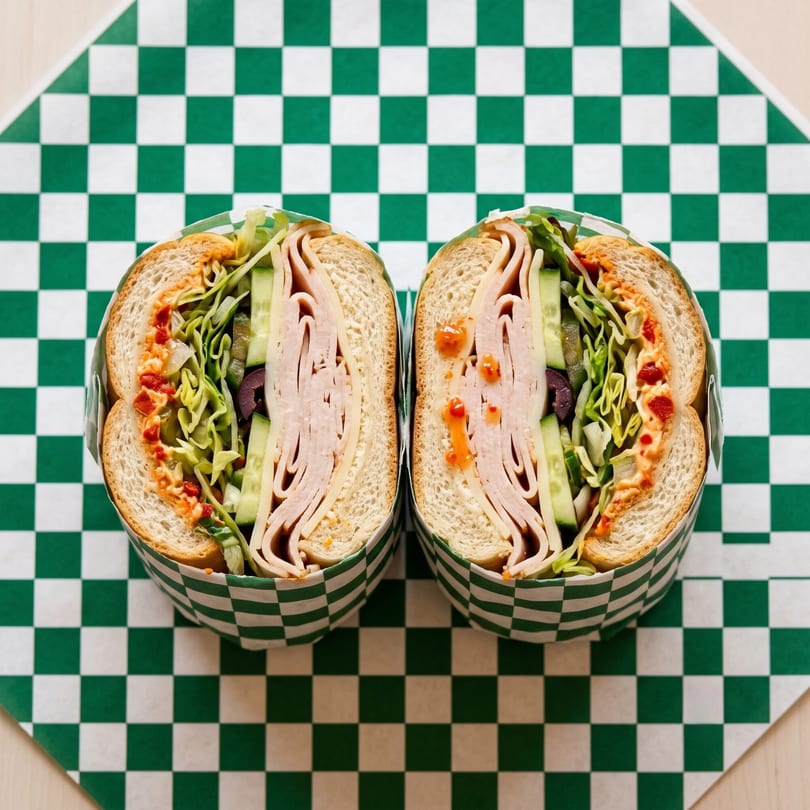 A turkey and cheese sub sandwich, cut in half, on green and white checkered paper.