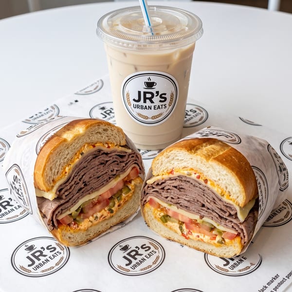 A large roast beef sandwich, cut in half, next to an iced coffee from JR's Urban Eats.